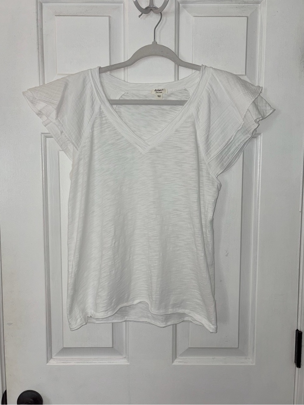 Dylan White 100% Cotton V-Neck Tiered Flutter Sleeve Jersey Heathered Top